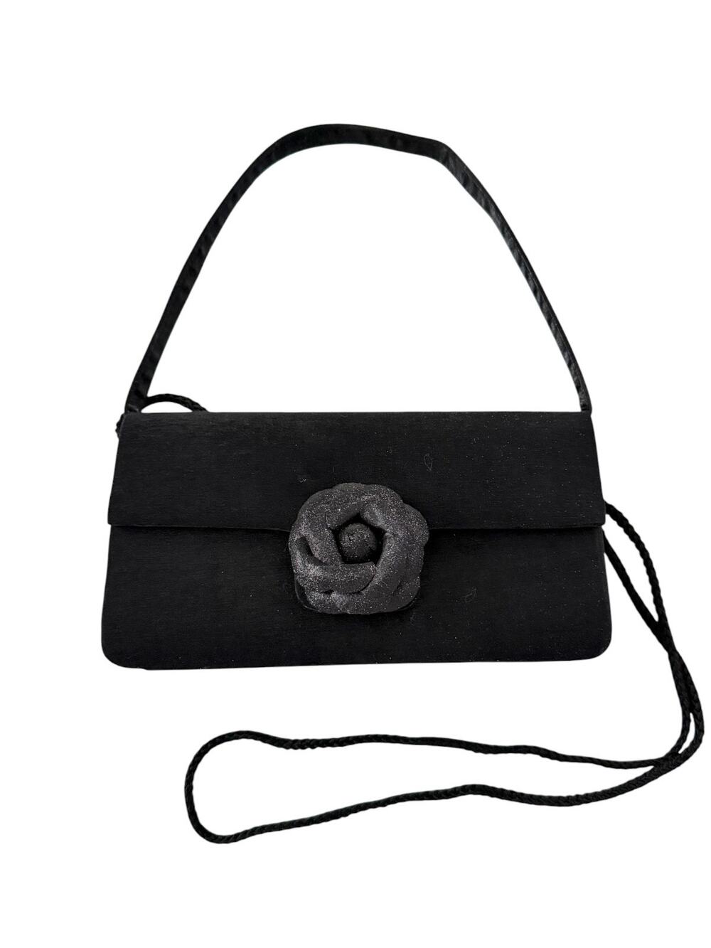Sasha New York Black Rosette Evening Bag Satin Shoulder Purse Braided Strap HOCO